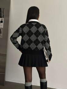 Women's Diamond Pattern Long Sleeve Casual Fine Cashmere Sweater, Suitable For Date Night - Grey - View 8