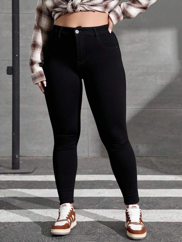 Talla grande pantalones vaqueros ajustados negros, estilo sexy y cómodo para looks diarios