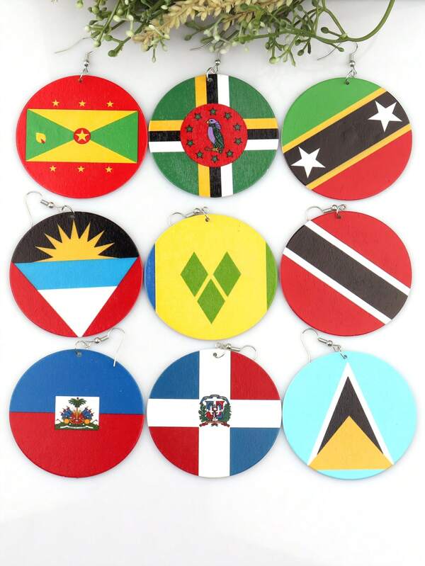 1 Pair UV Colorful Round Double-Sided Printed Wooden Map & National Flag Style Africa Graphic Earrings, Retro Party African Jewelry DIY Club Gift