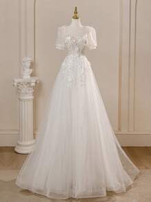 Elegant Puff Sleeve Floral Lace Princess Ball Gown Wedding Dress
