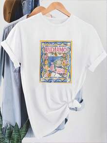 Plus Size Women's Casual Versatile Colorful Printed Round Neck Short Sleeve T-Shirt, Summer White - White - View 1
