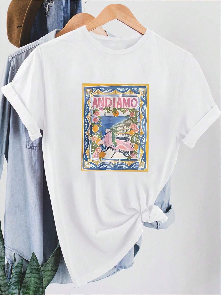 Plus Size Women's Casual Versatile Colorful Printed Round Neck Short Sleeve T-Shirt, Summer White - White - View 1