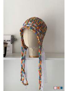 1pc Handmade Crocheted Tassel Tie Hollow Breathable Knitted Beanie Hat For Women, Colorful Floral Pattern, Large Size Fits All, Warm Ear Protection, Casual Versatile Knit Cap For Autumn/Winter