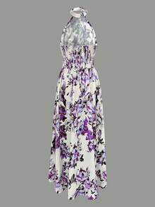 女士优雅花卉印花露背连衣裙，夏季 - 紫色 - 查看 3