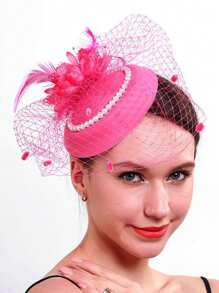 1 Stück Damenhut im europäischen und amerikanischen Stil mit Perlen, Retro Kopfschmuck mit Schleier und Federschmuck, Braut Haaraccessoire