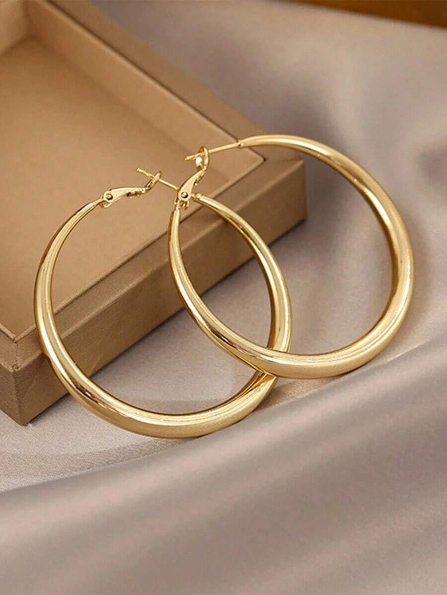 1pair European And American Style Metallic Personalized Circle Design Earrings - Gold - 查看 1