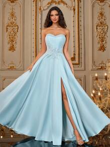 VIPGIRL Vestido de satén sin tirantes para fiesta de graduación en color blush y azul hielo con Body bordado y abertura alta, elegante vestido de gala de estilo princesa, atuendo para dama de honor, vestido de fiesta para mujeres, vestidos formales y de noche para mujer