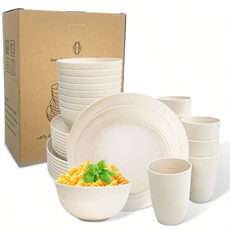 4/16/32 件塑料餐具套装 - 包括盘子、碗、杯子 - 牢不可破可重复使用的耐用餐具套装 - 洗碗机和微波炉 - 适用于家庭、餐厅、派对、房车、礼物、野餐、露营、学校用品、返校、野餐必需品 | 时尚餐具设计 - 万圣节、圣诞节