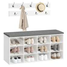 HOOBRO Shoe Storage Bench With Cushion, Entryway Bench, 39.4" Hall Tree, Coat Rack, 12 Cubbies, Holds Up To 330 Lb, Shoe Rack, Storage Cabinet For Bedroom, Hallway, White And Gray