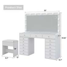 Yanosaku 55" W Vanity Desk With Lighted Mirror, Makeup Vanity Featuring Charging Station, 15 Drawers, 3 Lighting Modes & Adjustable Brightness, Glass Top, Includes Chair For Bedroom - 查看 3