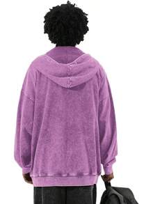 Mens Zip Up Acid Wash Hoodie Vintage Oversized Casual Fall Jacket Cotton Hooded Sweatshirts With Pockets Streetwearhalloween - 紫色 - 查看 7