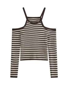 Stylish Off-Shoulder Stripe T-Shirt Women, New Arrivals Autumn Tight-Fitting Long Sleeve Cropped Top (Random Stripes) - Coffee Brown - View 3