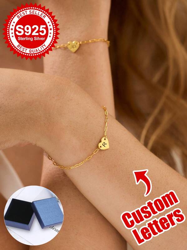Pulsera personalizada con inicial en corazón de plata de ley 925 - Regalo personalizado para novia, mejor amiga, hermana, mamá, amante y uno mismo - Ideal para cumpleaños, aniversario, San Valentín, graduación, estilo delicado diario y momentos dulces