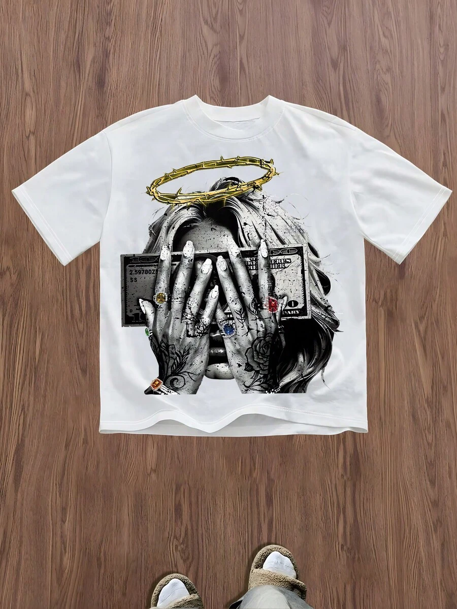 Y2k Streetwear Tee With Thorn Halo And Dollar - Masked Design (220g Cotton T-Shirt) Urban Style Tee: Thorn Halo, Money, And Tattooed Hands Printed T-Shirts, Unisex T-Shirts, Casual And Comfortable To Wear - White - View 1