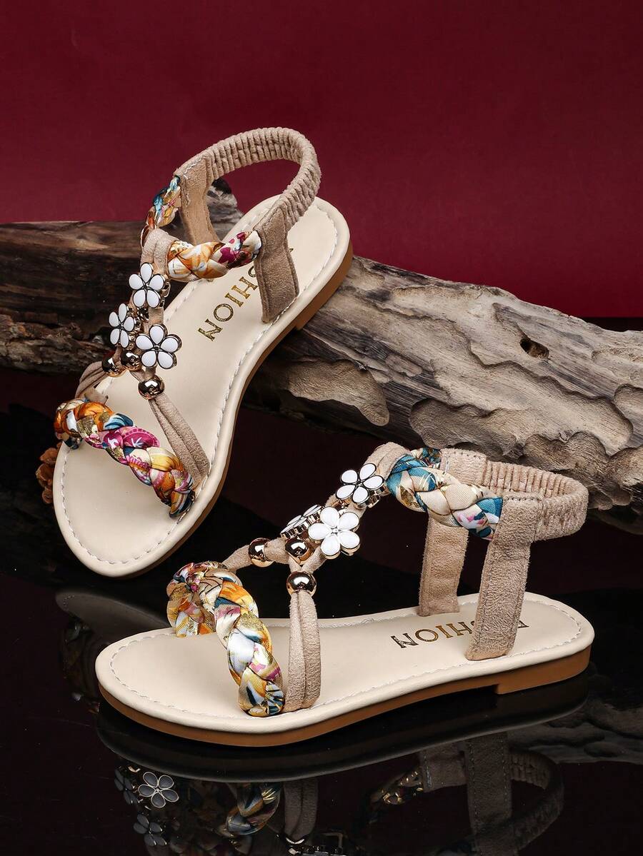 1 Pair Plus Size Toddler Girls' Fashion Sandals, Colorful Woven Fabric, Rhinestone Buckle, Floral Decor, Elastic Ankle Strap, Round Toe, Non-Slip Lightweight Sole, Lovely Roman Beach Sandals, Suitable For 3-15 Years Old Girls, Daily, Party, Travel, Summer