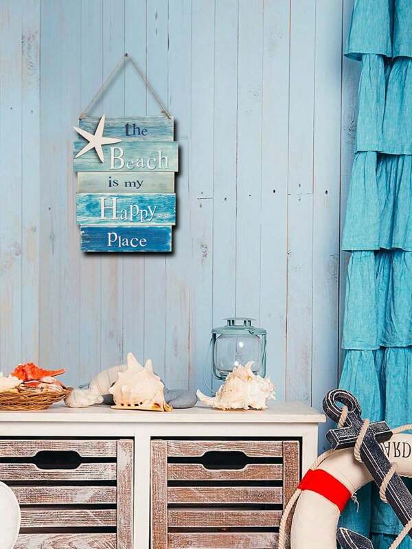 1pc Wooden Beach Wall Decor "Beach Is My Happy Place" Beach Sign Home Decor, Vintage Beach Theme Bathroom Wall Art Sign Farmhouse Style