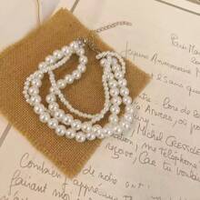 1pc Bohemian Style Faux Pearl Beaded Bracelet, Elegant Multi-Layer Combination Bracelet For Women (Pearl Surface Has Slight Imperfections)