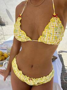 Alyweatry Women Y2K Bikinis Sets Coquette Aesthetic Bows Halter Tie Up Bikini Top High Cut Elastic Waist Bikini Bottom - 檸檬印花 - 查看 2