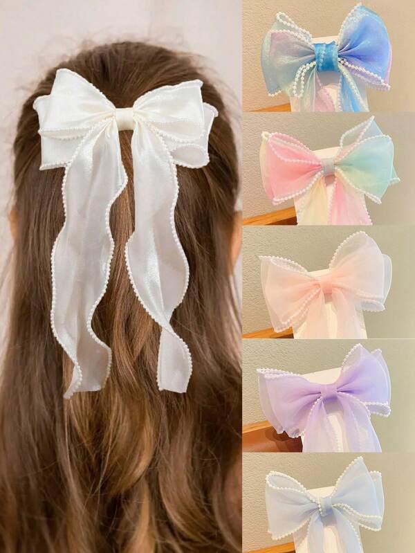 1pc Elegant Sweet Faux Pearl Lace Ribbon Bow Hairclip, Suitable For Daily, Dance, Evening Party, Wedding Flower Girl, Birthday Party, Amusement Park, Fashionable Accessory For Girls (Random Color)