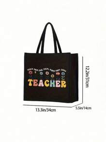 Bolsos de lino con impresión de palabras "Profesor", patrones de flores, letras con patrones de dibujos animados y animación. Incluye bolso cosmético con cremallera, bolso de aseo portátil, bolso de maquillaje, bolso de almacenamiento portátil de gran capacidad, bolsas grandes, bolsas de compra negras, monederos, regalos de agradecimiento para maestros y bolsos de lino de gran capacidad para mujeres. Adecuado para turismo, compras y actividades de playa, de vuelta a la escuela.