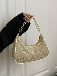 时尚纯色金属链草编月亮造型女士多用途手提包、手提包、沙滩包、休闲草编包、手机钱包