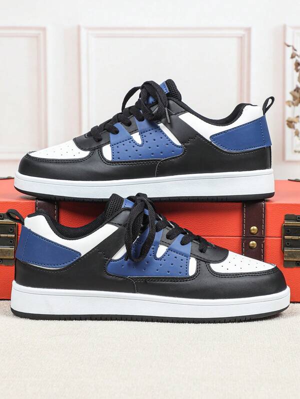 White, Black & Navy Leather Contrast Mesh Breathable Casual Sneakers, Low-Top Versatile Sports Shoes Suitable For Commuting, Holiday Gifts, Everyday Walking