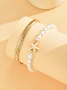 2pcs Set Snake Chain Starfish Decor Gold Anklet, Simple White Round Faux Pearl Adjustable Handcraft Multilayer Beach Anklet For Women, Daily & Holiday Wear