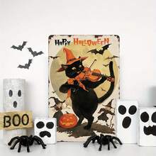 1pc Vintage Halloween Metal Wall Art Sign - Country Style Black Cat Playing Violin With Bat & Pumpkin Pattern, UV-Resistant Waterproof Indoor/Outdoor Decor, No Electricity Required, 30x20cm, Farmhouse Fence Home Decoration