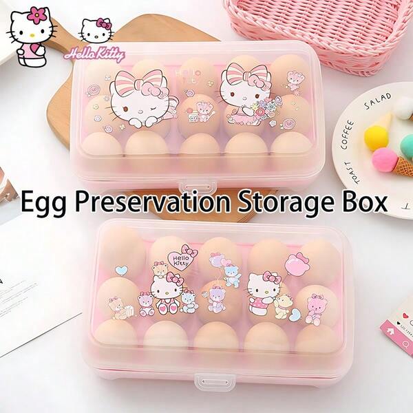 Sanrio Caja de almacenamiento de huevos con diseño de Hello Kitty, caja de almacenamiento de huevos para el hogar con diseño de dibujos animados, estante para huevos de refrigerador de cocina, 15 compartimentos para almacenamiento, gran capacidad, múltiples compartimentos, compartimento interior desmontable para una fácil limpieza.