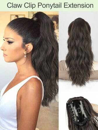 16 英寸爪夹马尾辫接发，蓬松自然，合成纤维卷发，波浪马尾，适合女性日常派对使用