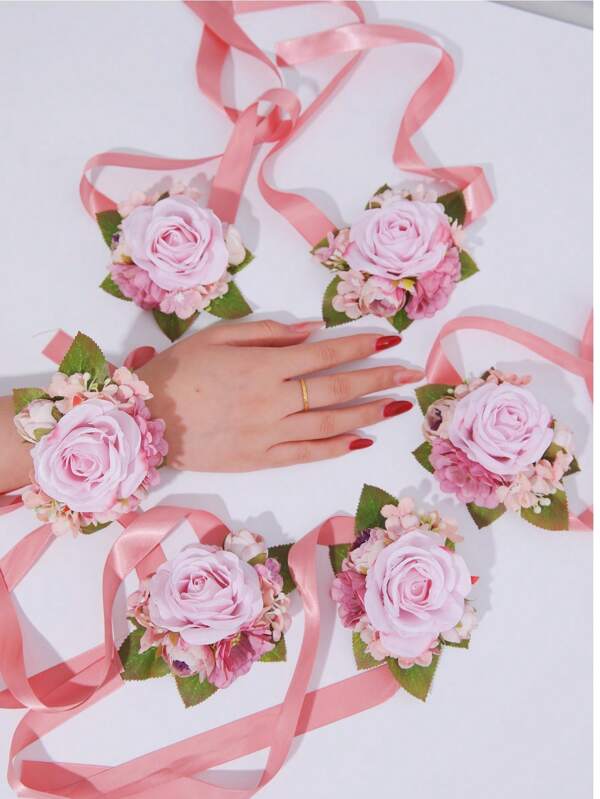 1pc/6pcs Rose Casual Polyester Lapel Pin Wrist Flower For Men Women Wedding Party Decoration