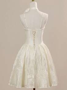 Spaghetti Strap Romantic Floral Decor Sleeveless Pleated Baroque Princess Skirt, Bride Gift Dress Suitable For Graduation Prom Party