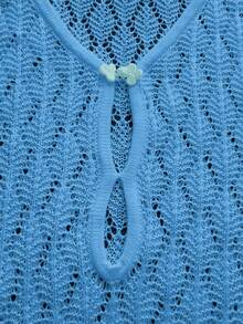 女士V领透视网纱镂空系结纽扣钩编长袖罩衫，性感纯色修身迷你针织沙滩比基尼连衣裙，春秋季 - 淺藍色 - 查看 10