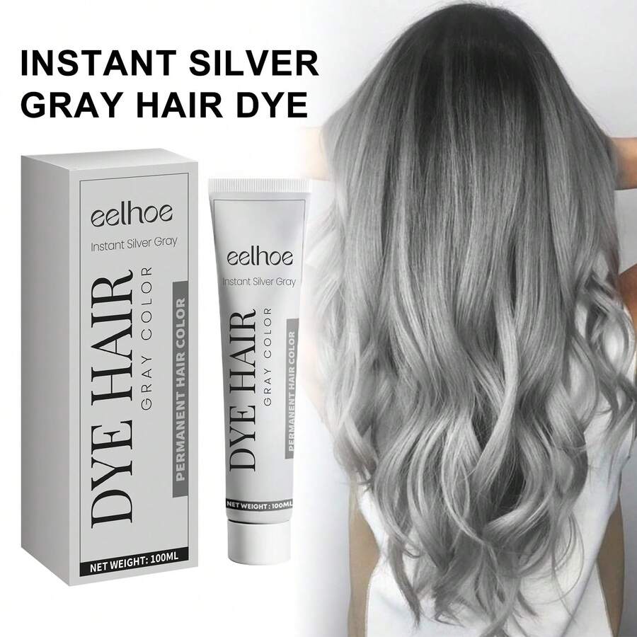 Eelhope 100ml Silver Gray Color Hair Dye Cream For Men's And Women, Granny Hair Permanent Washable Styling Hair Coloring For Fashionable Looks & Nourished Hair No Damage Lasting Hair Color For Unisex Smoky Gray Punk Style, Festival Gift, Natural Herbal Hair Dyeing Cream - 灰色 - 查看 1