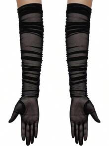 Women's Long Stretchy Ruched Mesh Tulle Sheer Gloves Costume Opera Party 1920's Dance Gloves