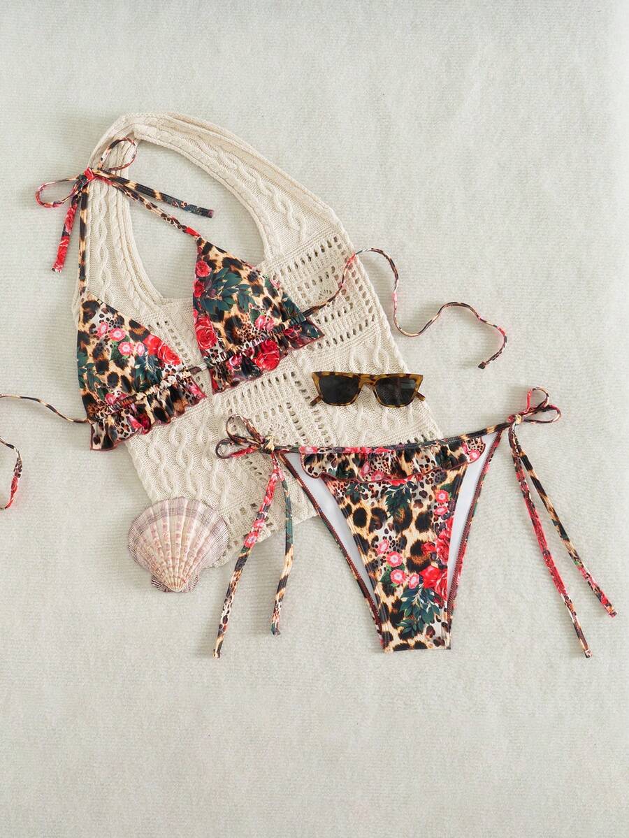 Women's Leopard Print Halter Backless Twist Bikini Set - Multicolor - View 1