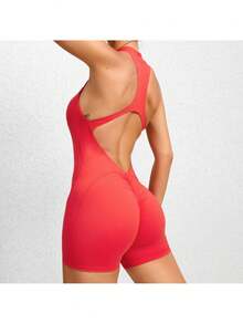 Women's Sleeveless Yoga Jumpsuit, Zipper Vest Exercise Clothing Set Women's Fashion Sports Coveralls - 紅色 - 查看 3