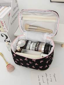 This Pleated Bow Makeup Bag Is Decorated With A Faux Pearl Butterfly Pendant, Has A Casual Large Capacity Design, And Contains A Flat Storage Bag And A Nail Polish Storage Bag, Suitable For Storing Sanitary Napkins, Liners, Wired Headphones, Headphones, Chargers, Lipsticks, Cosmetics And Home Decor Items. - Black - View 9