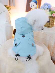 1pc Pet Clothes, Dog/Cat Happy Puppy Small Dog Casual Fashion Cute Comfortable Sky Blue Hooded Raincoat - Blue - View 1