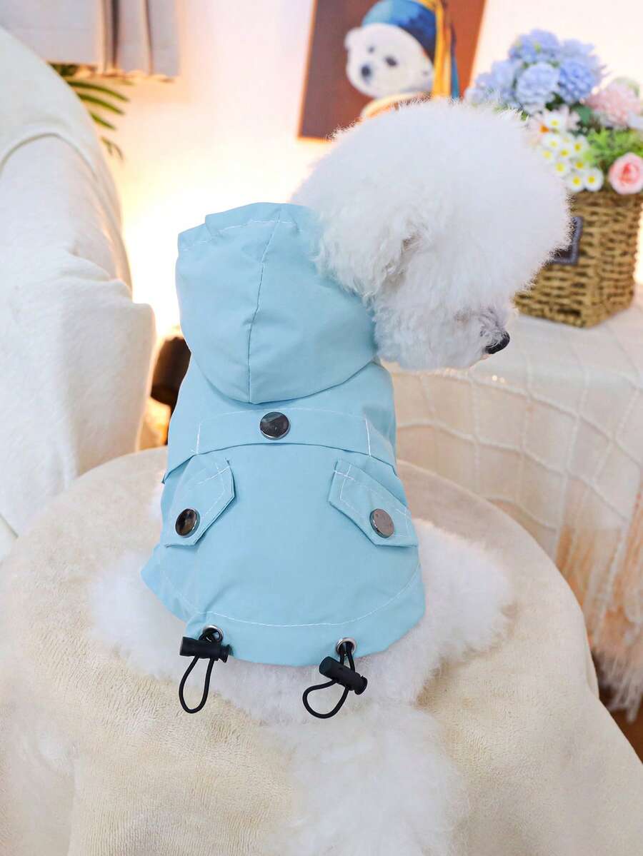 1pc Pet Clothes, Dog/Cat Happy Puppy Small Dog Casual Fashion Cute Comfortable Sky Blue Hooded Raincoat - Blue - View 1