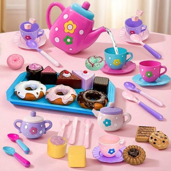 Kids Tea Party Set, Includes Tea Pot, Desserts, Cookies, Pretend Play Toy, Gift For Boys And Girls