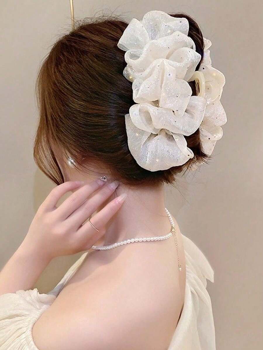 1 件星光水钻蓬松发夹，适合女性日常佩戴、时尚搭配和摄影 - 米色 - 查看 1