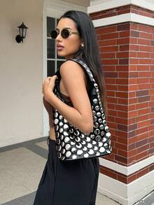 DareSee 1pc European & American Punk Style Handcrafted Double-Sided Fully Studded Round Rivet Embedded Niche Luxury Bucket Bag, Elegant Office Lady Underarm Shoulder Bag Music Fest Y2KFest Back To School Autumn , Bags Perfect For Fancy Party Matching With Costumes Winter Gifts Music Fest - Black - View 3