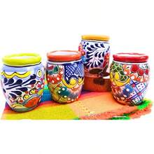 MEXTEQUIL - Vasos Tequileros de Cerámica Talavera Auténtica Mexicana, Set de 4 - Encaje Azul - Barril Filo Colores - Ver 8