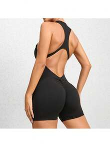 Women's Sleeveless Yoga Jumpsuit, Zipper Vest Exercise Clothing Set Women's Fashion Sports Coveralls - 黑色 - 查看 2