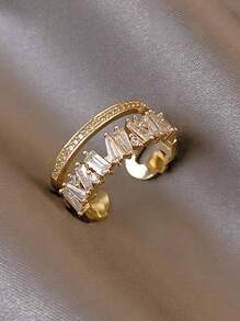 1 pieza Anillo abierto asimétrico de doble capa de lujo con zirconia micro-incrustada