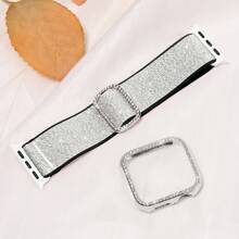 2 Peças/Conjunto Capa Protetora e Pulseiras de Relógio compatíveis com 38 40 41 42 44 45 46 MM de Séries 10 9 8 7 SE 6 5 4 3, Incrustadas com Strass Cintilante, Acabamento de Alto Brilho Preto/Prateado/Dourado com Pulseira Bling Elástica Compatível com 38mm 40mm 41mm 42mm 44mm 45mm 46mm 49mm Mulheres, Cinta Faiscante de Nylon Solo Loop com Glitter Compatível com Séries 10 9 8 7 6 5 4 3 2 1 SE Ultra