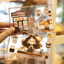12 Sheets/Book Sticker Book Coffee Party Series Coffee Scenery PET Sticker Book, Scrapbook Supplies, Notebook Accessories, Decorative Notebooks, Photo Frames, Phone Cases, Water Cups, Junk Magazines, Pencil Cases, DIY Personalized Stickers, School Supplies, Back To School