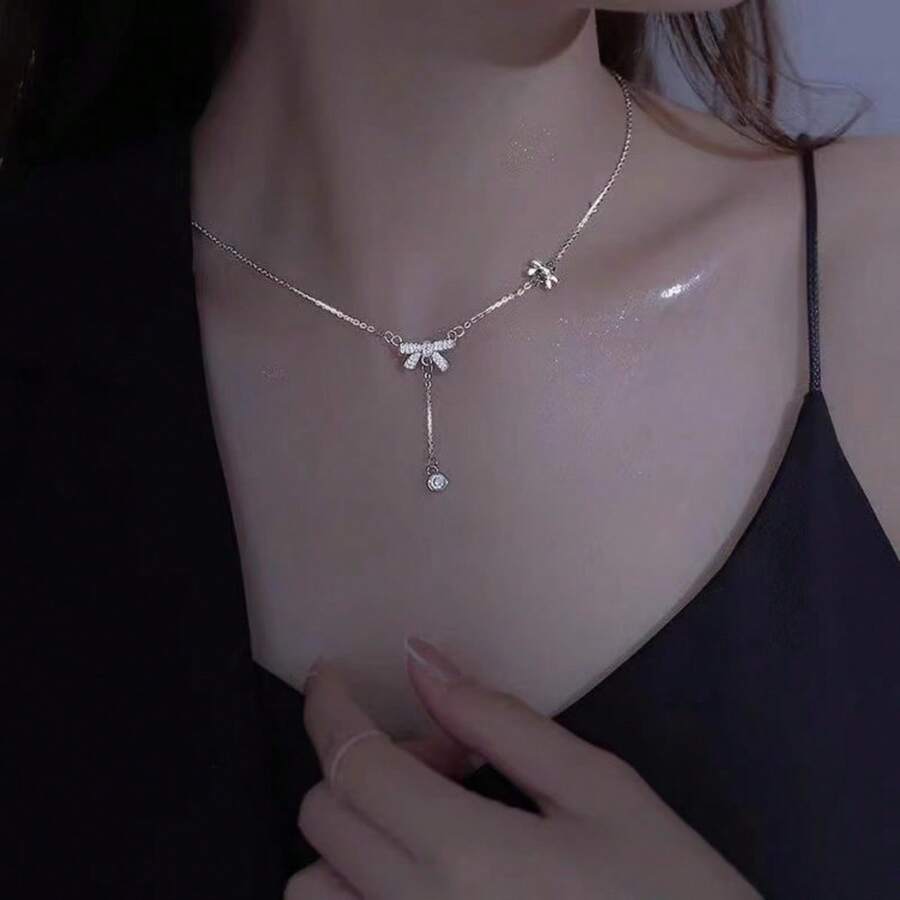 1pc Minimalist Chic Titanium Steel Butterfly & Tassel Clavicle Necklace, Versatile
