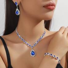 1 Pair Of Earrings + 1 Necklace + 1 Bracelet Elegant Jewelry Set Silver Plated Inlaid Rhinestone Multi Colors For U To Choose Match Daily Outfits